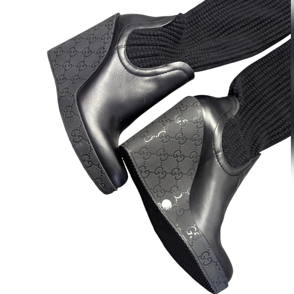 3X HP. GUCCI Black Leather GG Aspen Wool Babylon Knee High Wedge Boots